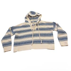 Nikka K Chunky Knit Blue and White Stripe Hooded Sweater L
